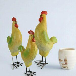 Set van 3 Decoratieve Hanen - Keramiek - Geel/Groen - Verschillende Hoogtes