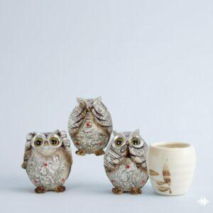 Set van 3 Wijze Uiltjes - "Horen, Zien en Zwijgen" - Decoratieve Beeldjes