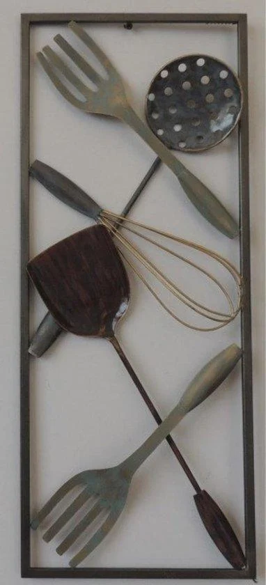 Wanddecoratie metaal schilderij keukengerei 25x60 cm