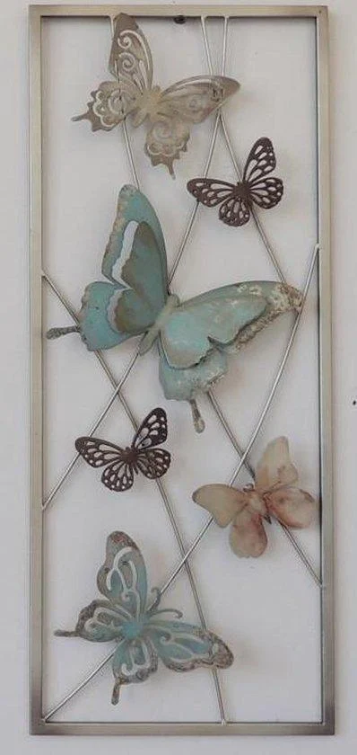 Wanddecoratie metaal schilderij vlinders 25x60 cm