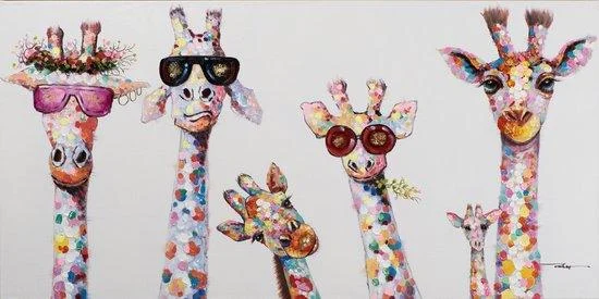 Canvas schilderij nieuwsgierige giraffenfamilie houten frame