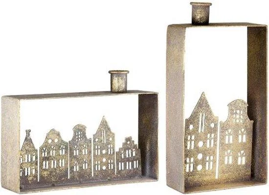 Kandelaar rechthoekig huizenrij metaal goudkleurig set van 2