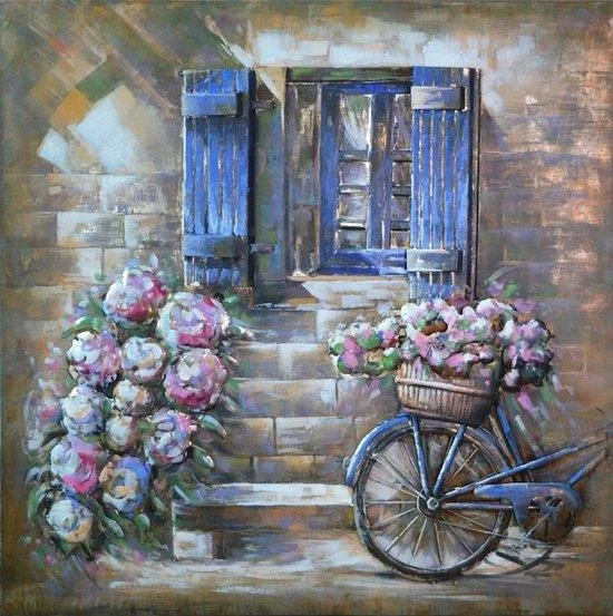 Metaalschilderij Bloemen Venster en Fiets 100x100cm 3D