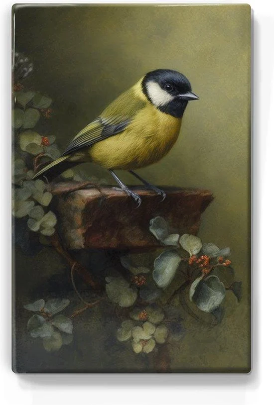 Koolmeesje in het groen Laqueprint handgelakt 19.5x30 cm