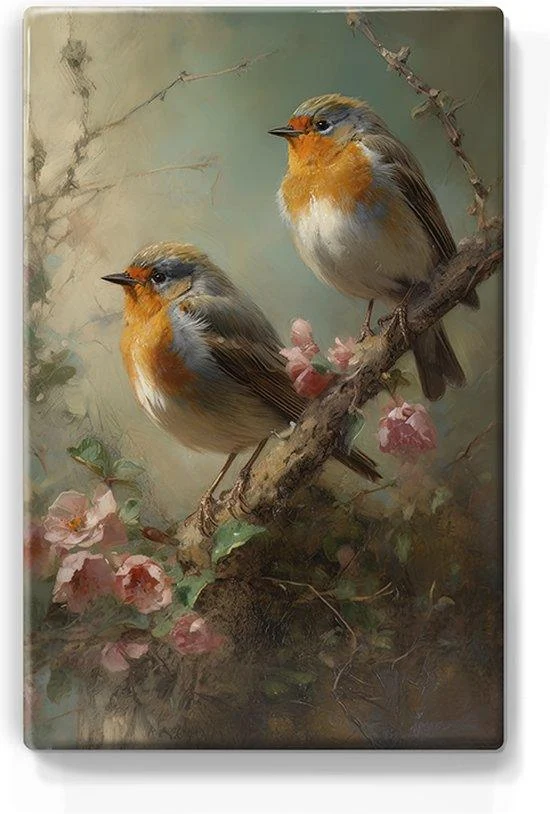 Twee Roodborstjes op roze rozentak Laqueprint 19.5x30 cm