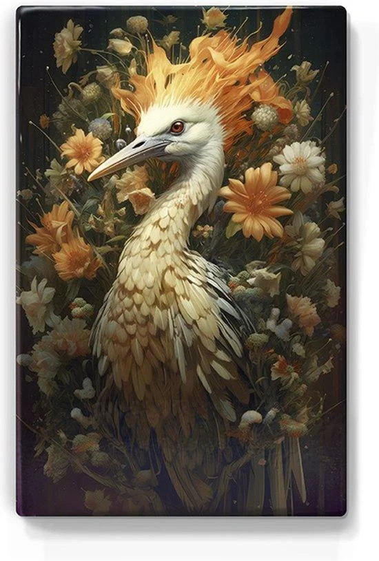 Witte kraanvogel met vlammen en bloemen Laqueprint LP332