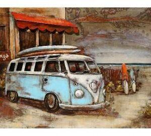 Metalen 3D Schilderij – Busje met Surfplank – Wanddecoratie – 120 x 80 cm