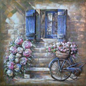 Metalen 3D Schilderij – Fiets bij Raam – Wanddecoratie – 100 x 100 cm