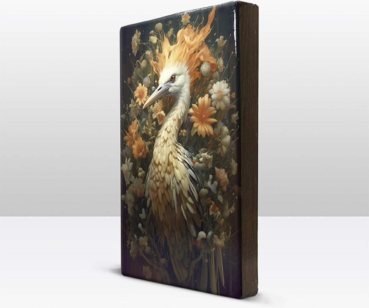 Witte kraanvogel met vlammen en bloemen Laqueprint LP332