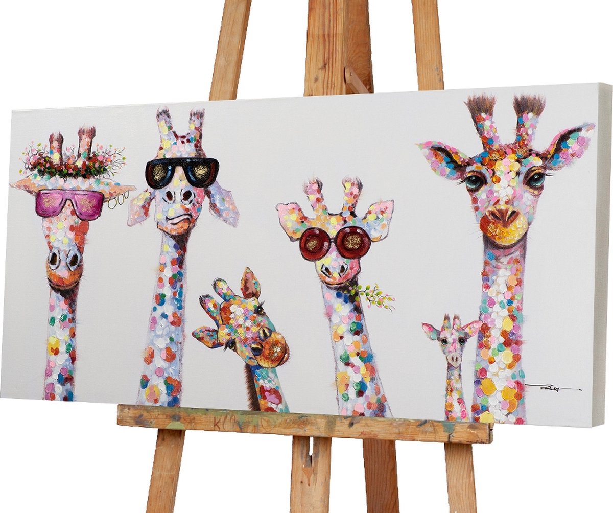 Canvas schilderij nieuwsgierige giraffenfamilie houten frame