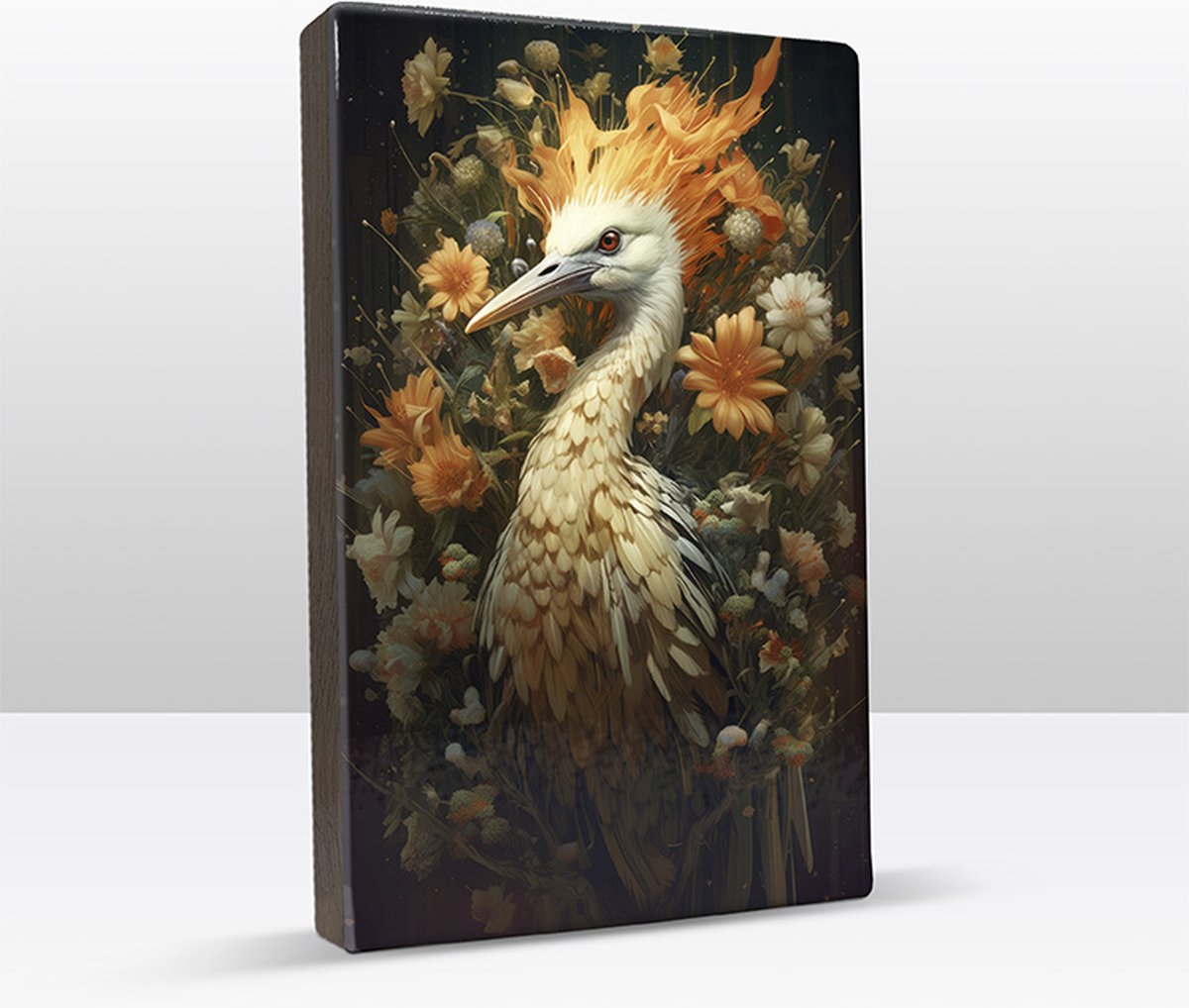Witte kraanvogel met vlammen en bloemen Laqueprint LP332