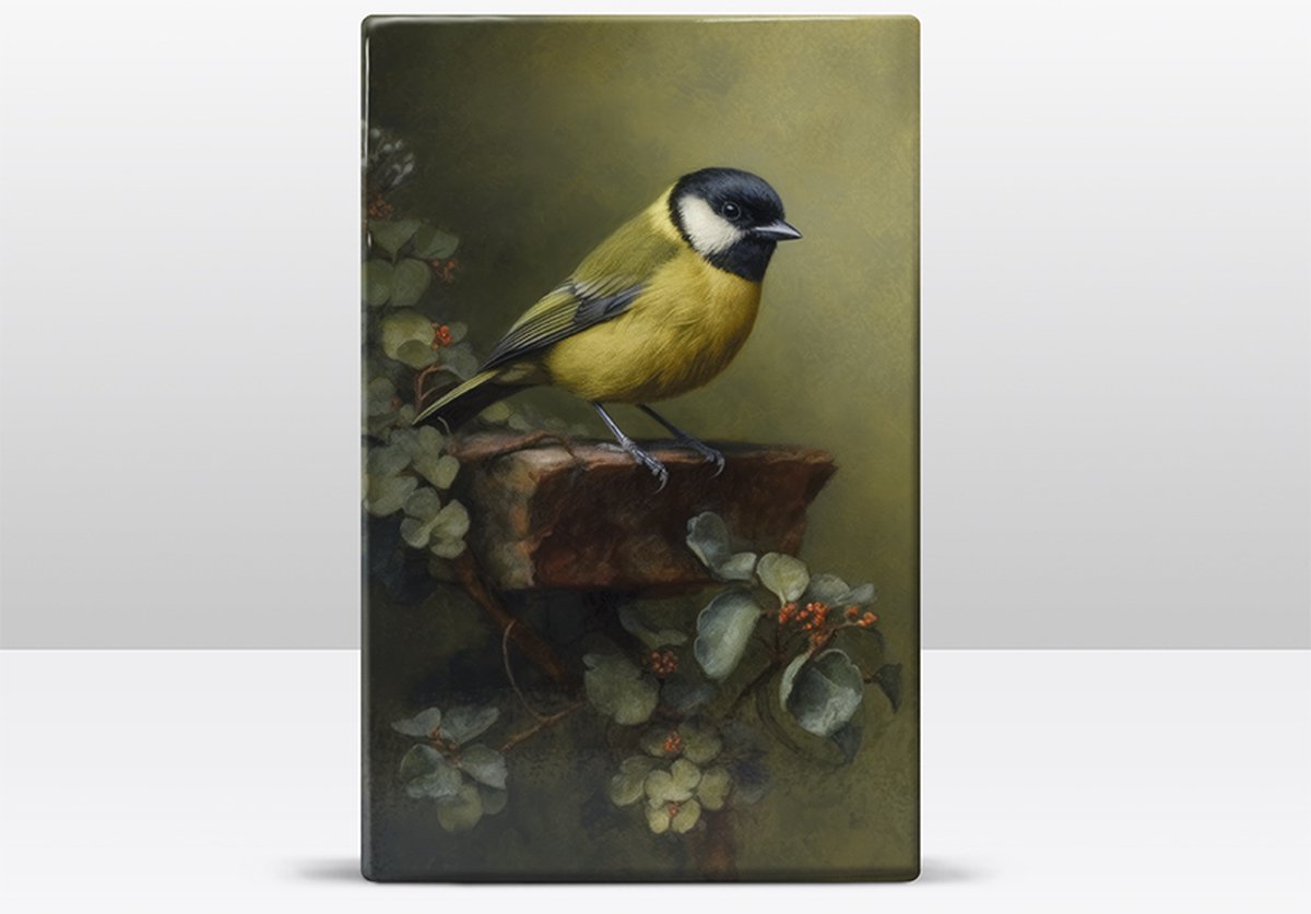 Koolmeesje in het groen Laqueprint handgelakt 19.5x30 cm