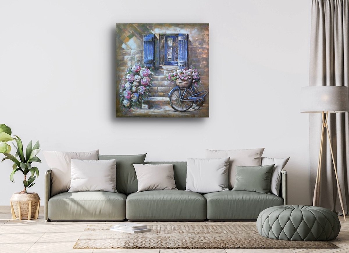 Metaalschilderij Bloemen Venster en Fiets 100x100cm 3D