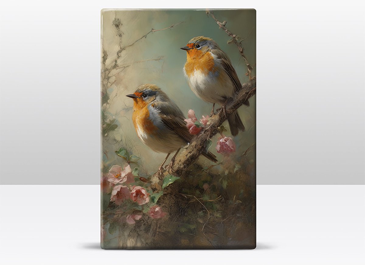 Twee Roodborstjes op roze rozentak Laqueprint 19.5x30 cm