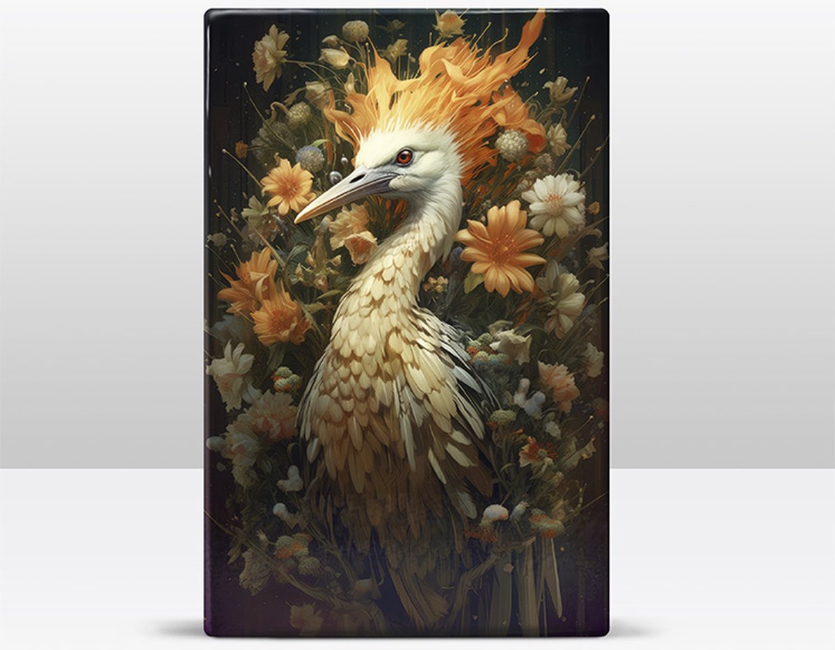 Witte kraanvogel met vlammen en bloemen Laqueprint LP332