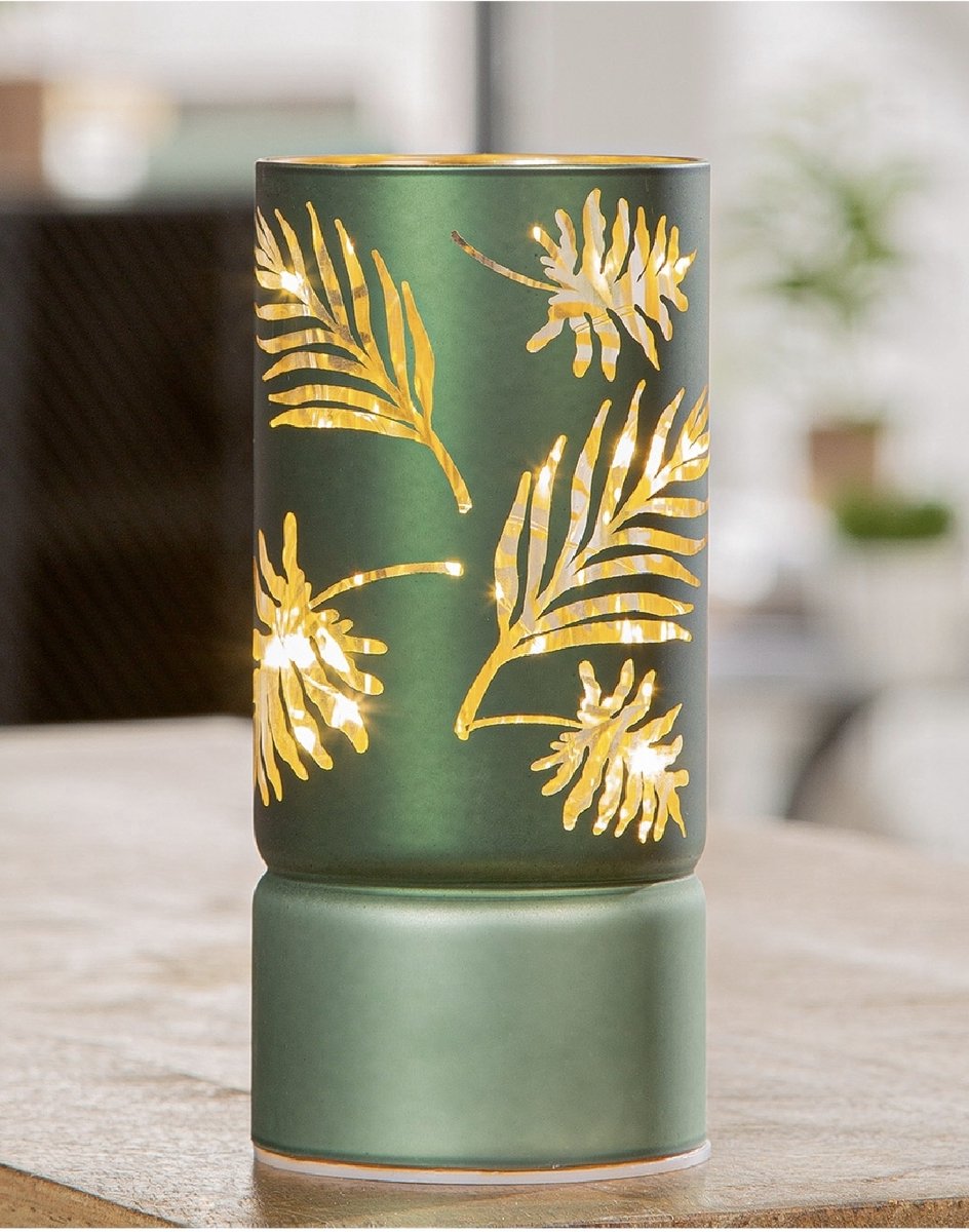 Windlicht LED cilindrisch LEAVES glas mat groen