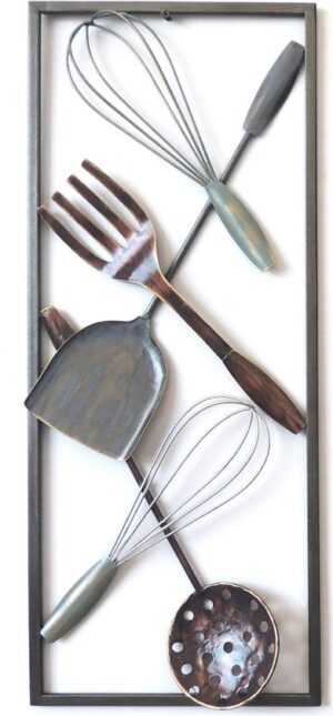 Wanddecoratie metaal schilderij bestek keuken 25x60 cm