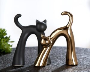 Beeld Kattenstel set van twee Keramiek zwart goud 5x13x12 cm