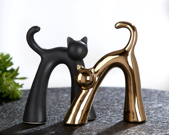 Beeld Kattenstel set van twee Keramiek zwart goud 5x13x12 cm
